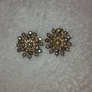 Mid century AB Rhinestone And Pearl Clip On Earrings